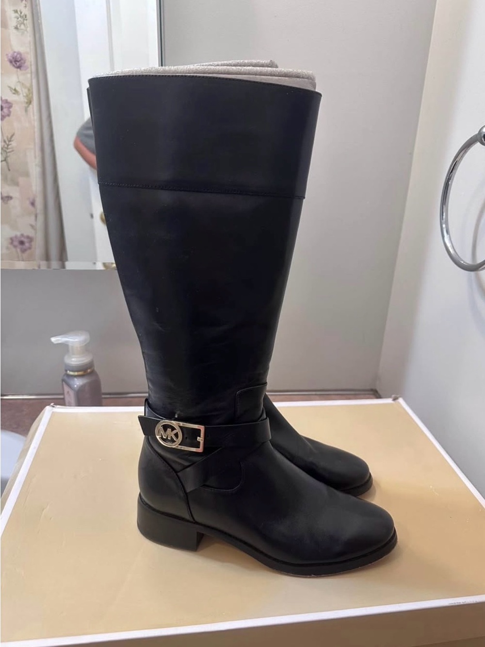 Michael Kors Black Leather Over-the-Knee Boots with MK Buckle